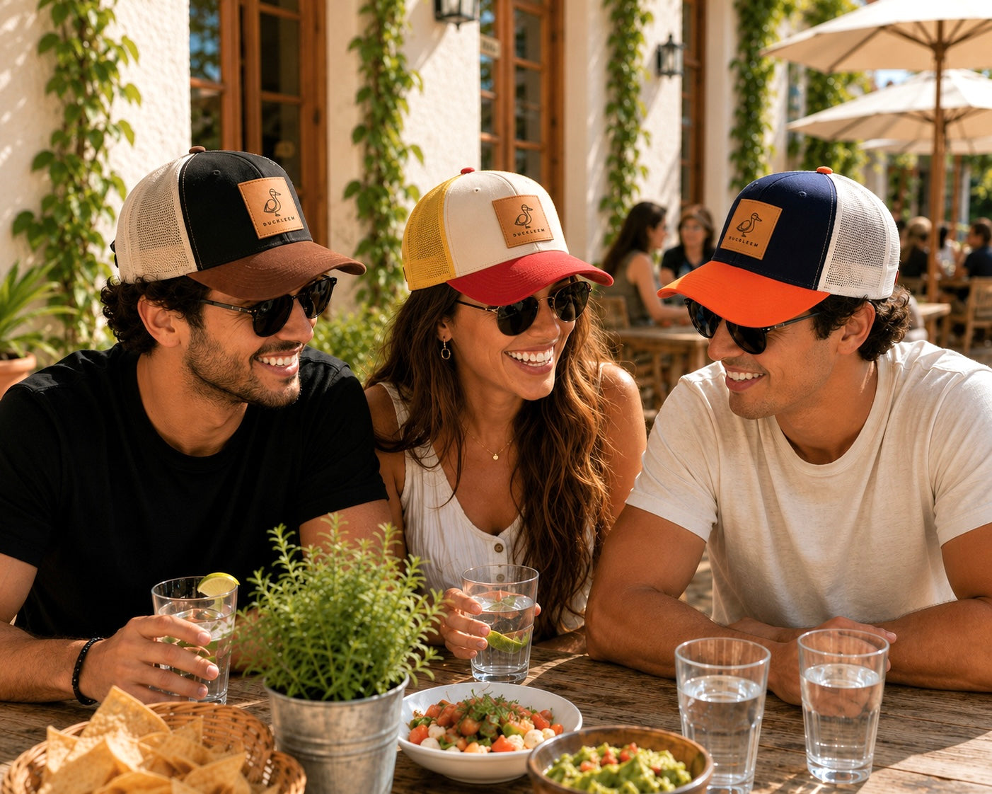Friends wearing Duckleem Munnek hats at an outdoor gathering